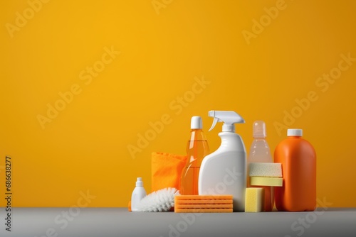 Set of detergents, cleaning tools. Brushes, mop. Place for text. photo