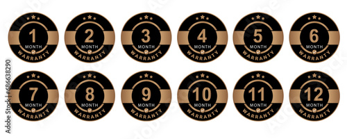 12 set month warranty vector art illustration in emas color with fantastic font and white background. Eps10 Vector