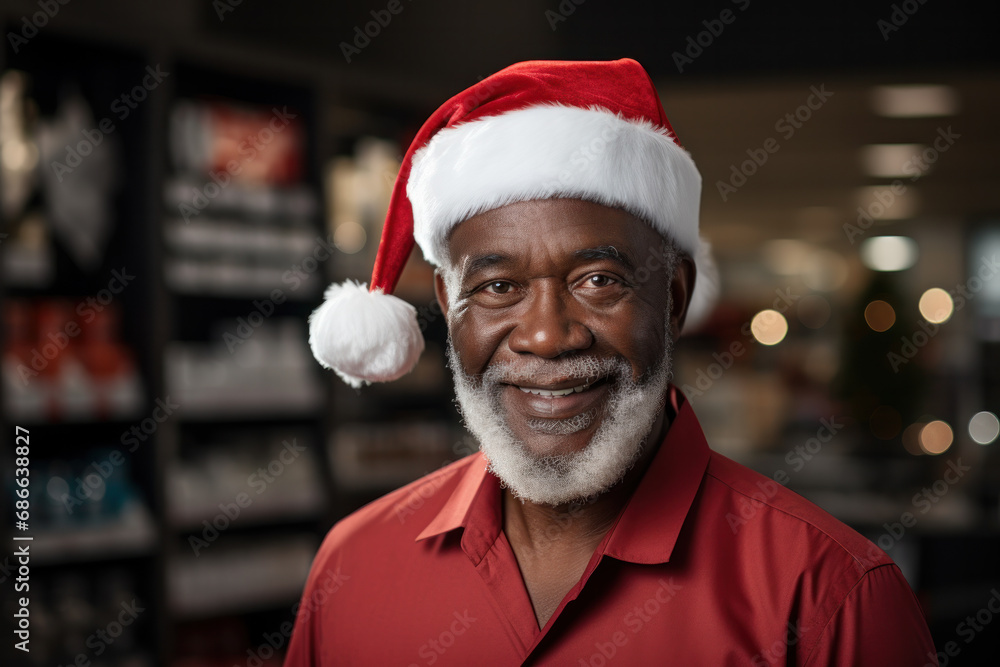 Healthcare, crossed arms and portrait of african american male pharmacist standing in a pharmacy clinic wearing xmas hat. P Healthcare, crossed arms and portrait of african american male pharmacist standing in a pharmacy clinic wearing xmas hat. P