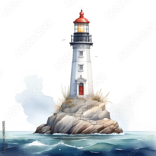 Lighthouse on the seashore. Illustration on a white background.