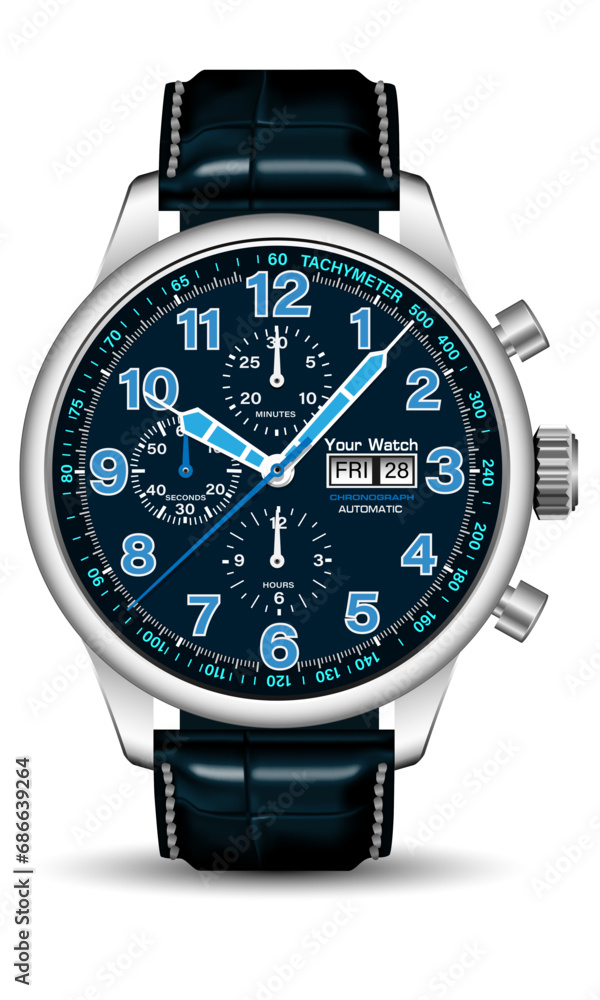Realistic watch clock chronograph silver blue white arrow number leather strap on isolated design classic luxury vector Realistic watch clock chronograph silver blue white arrow number leather strap on isolated design classic luxury vector