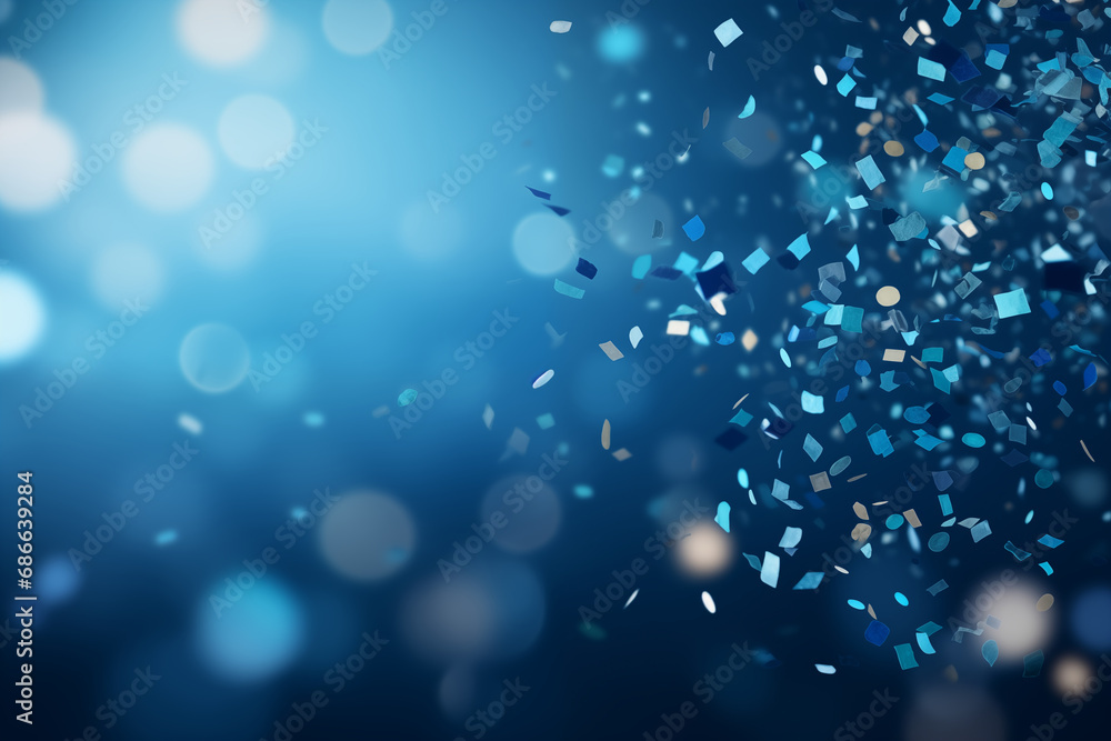 Falling confetti on blue background, celebration concept
