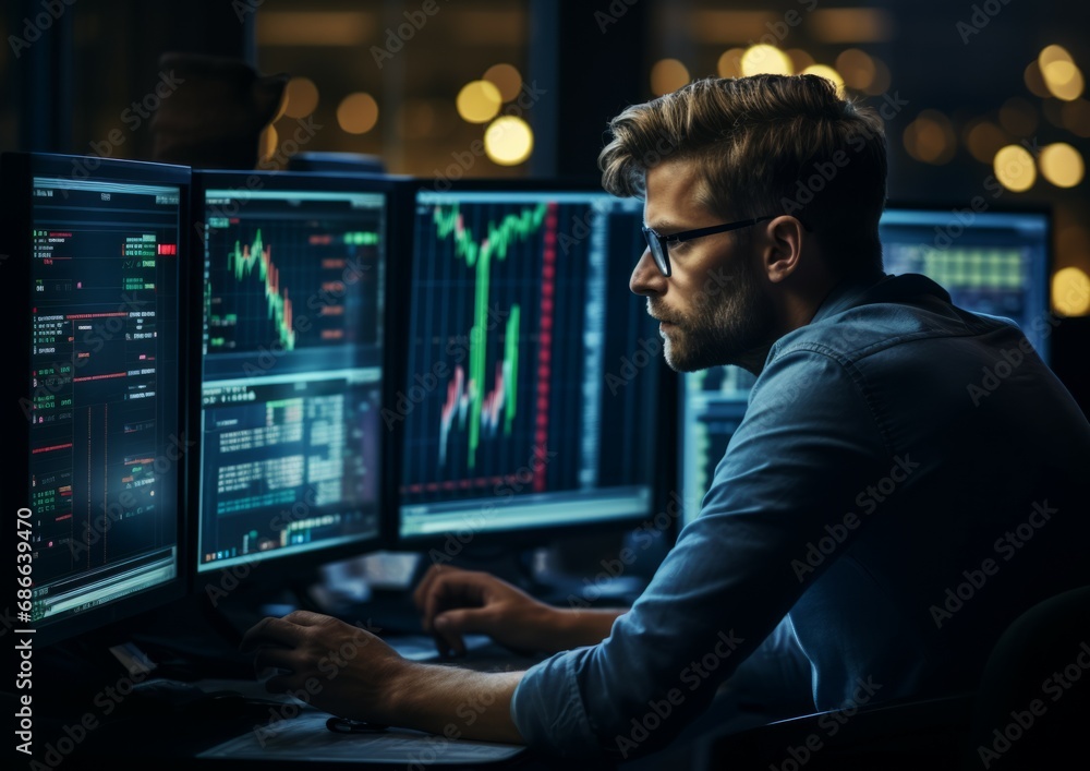 The trader on a stock exchange floor, using cyber tech and AI-powered algorithms and predictive analytics to make split-second investment decisions. The trader on a stock exchange floor, using cyber tech and AI-powered algorithms and predictive analytics to make split-second investment decisions.