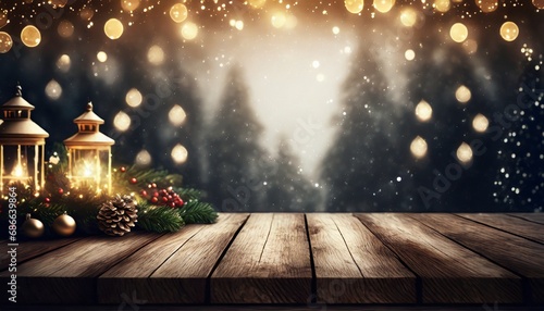 Empty Wooden Desk with Christmas Decorations