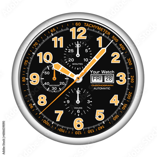 Realistic watch clock chronograph silver black face dashboard yellow white arrow number on isolated design classic luxury vector
