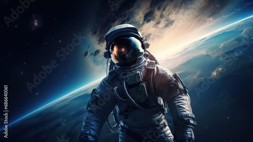 Cosmonaut in space suit in outer space