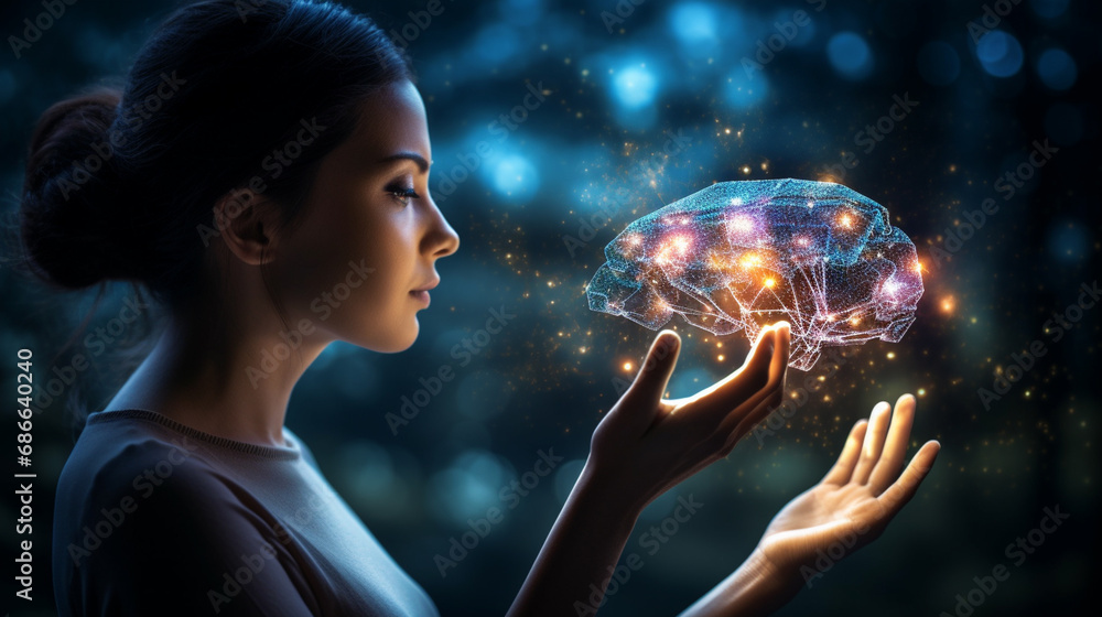 Naklejka premium businesswoman using modern technologies to store personal information in her head