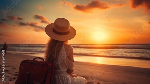 Seen from behind elegant middle age woman in white dress and straw hat on the beach at sunset walking.