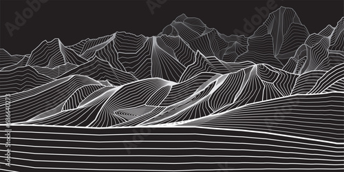 Abstract mountains outline illustration. Dark night landscape. Himalayas. Snow hills. White line on black background. Vector design art