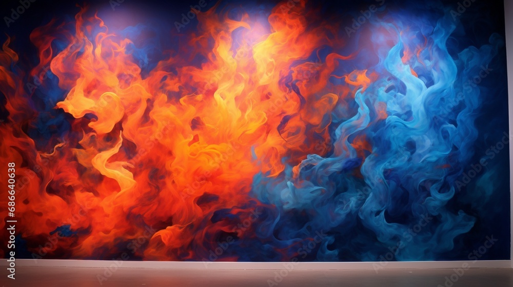 A 3D wall covering that seems to be an abstract field of fire, with flames in colors ranging from deep blue to bright orange. - obrazy, fototapety, plakaty 