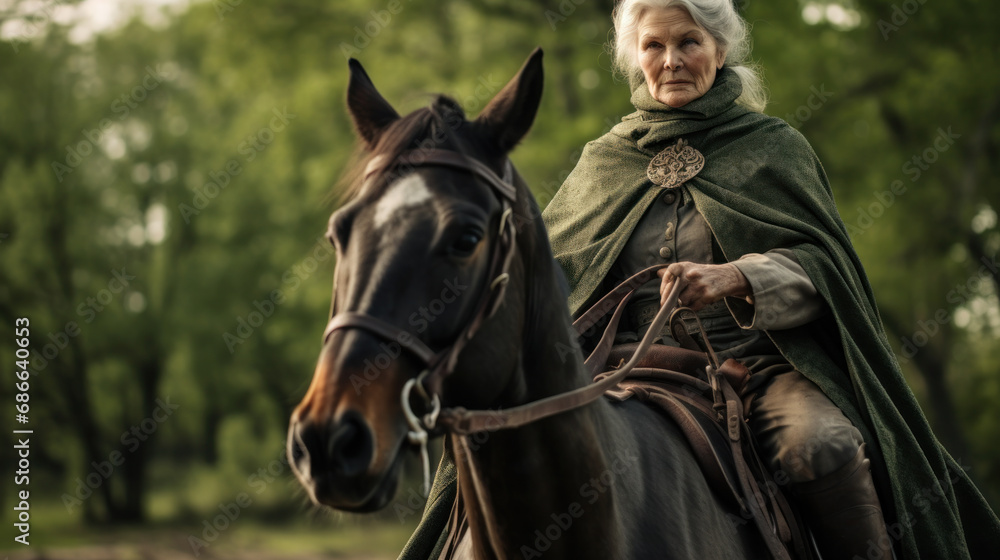 Fototapeta premium A caucasian senior woman riding a horse outdoor