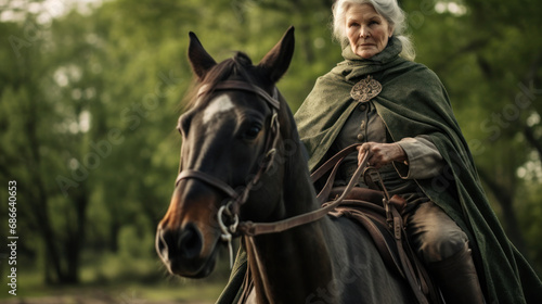 A caucasian senior woman riding a horse outdoor