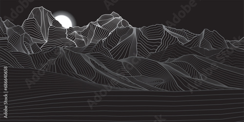 Abstract mountains outline illustration. Dark night landscape. Himalayas. Snow hills. White line on black background. Vector design art photo