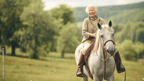 A caucasian senior woman riding a horse outdoor
