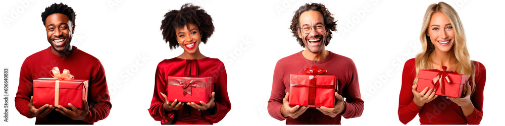 A collection of man and woman with gift set isolated on a white background A collection of man and woman with gift set isolated on a white background