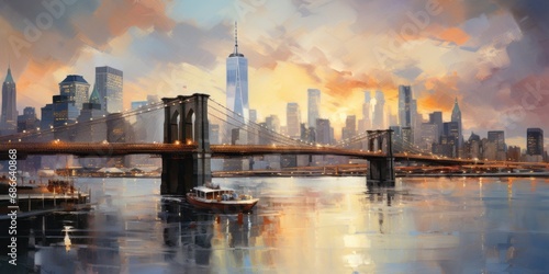 American city New York city skyline at sunset, abstract oil painting style poster
