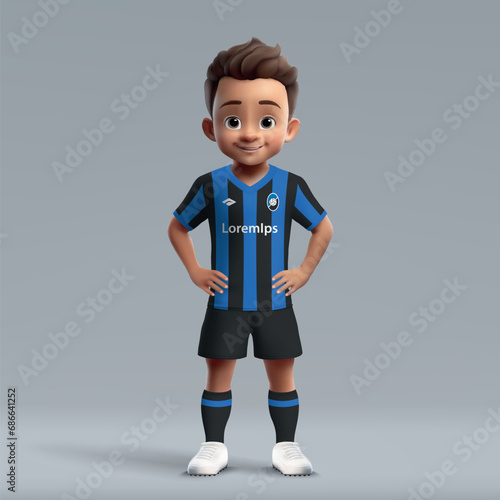 3d cartoon cute young soccer player in Atalanta football uniform.