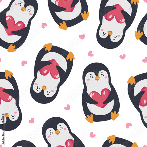 Seamless pattern with Valentine's Day cute penguins.