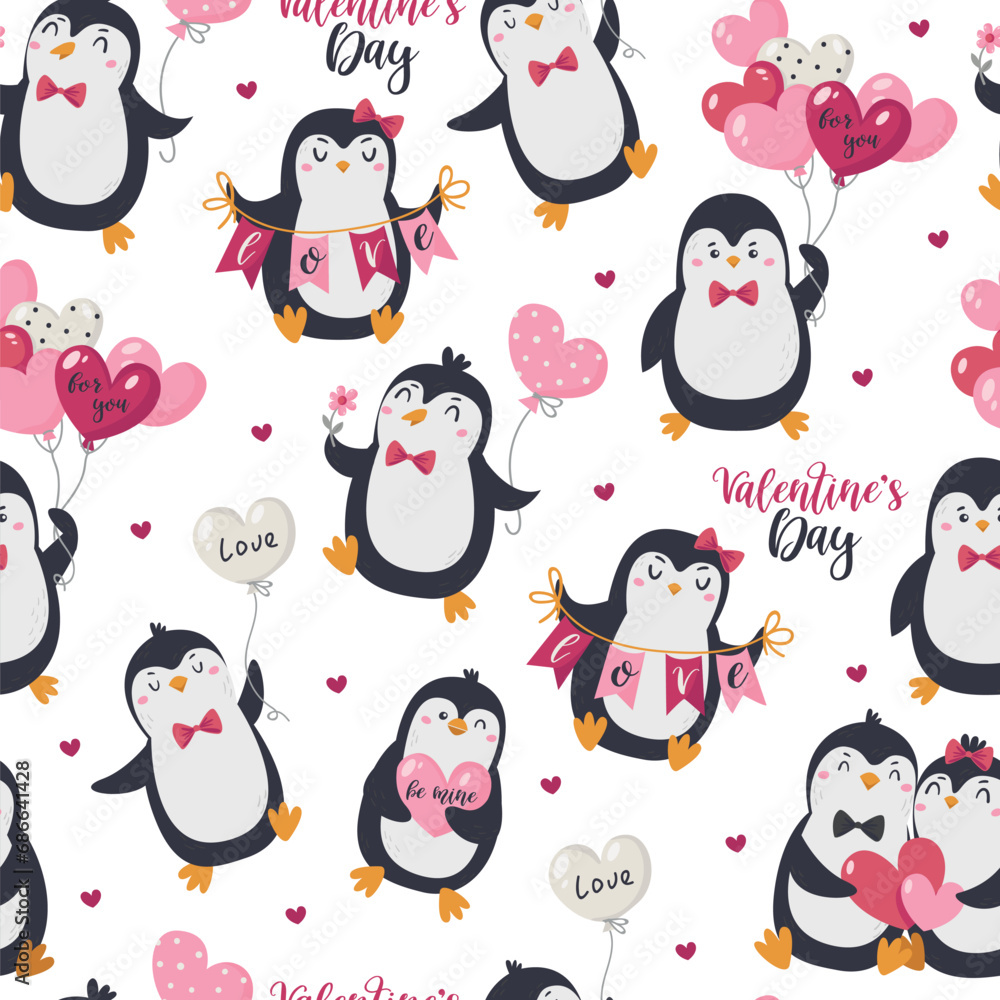 Fototapeta premium Seamless pattern with Valentine's Day cute penguins.