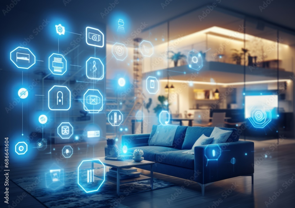 Smart home concept, featuring various connected devices and appliances technology background Smart home concept, featuring various connected devices and appliances technology background