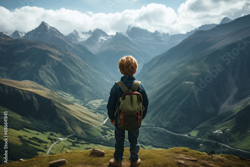 A hiker boy walking on a mountain valley in spring. Hiking in the Caucasian mountains. Boy with Backpack on top of a mountain cliff landscape. Adventure Concept, Travel