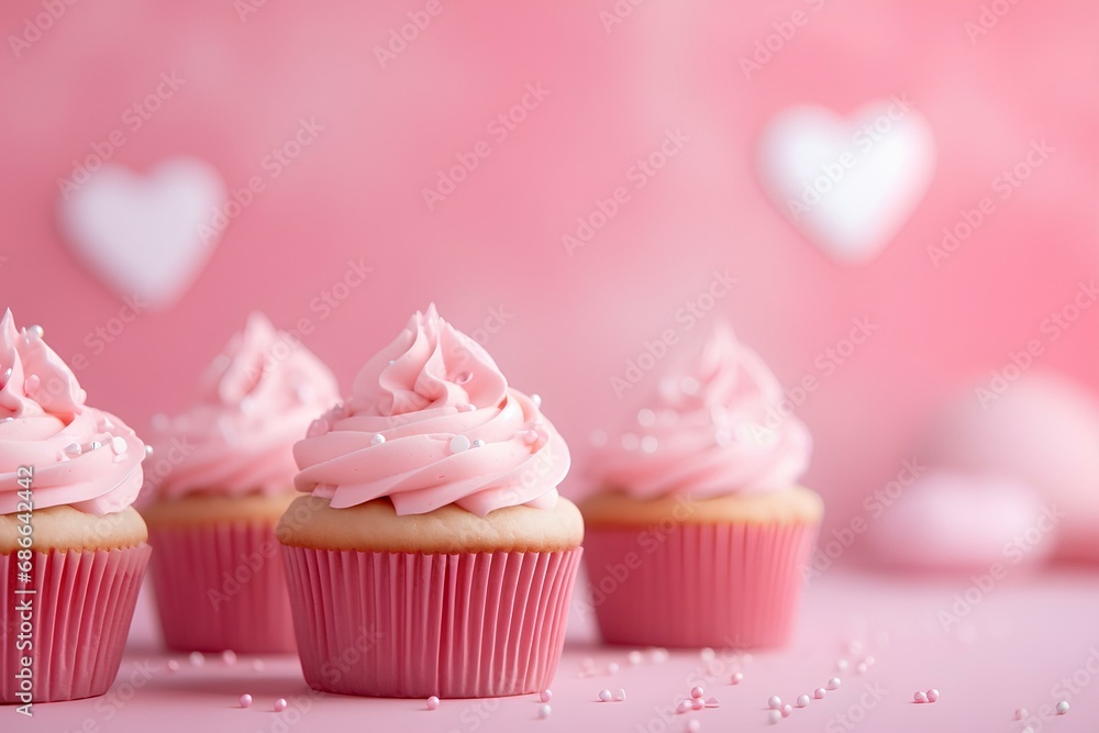 Cream cakes, romantic cupcake for Valentine's day on a pink background.