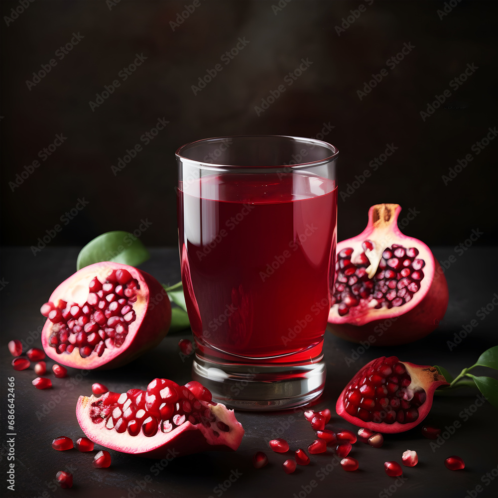 Composition with glass of fresh pomegranate juice on table Composition with glass of fresh pomegranate juice on table