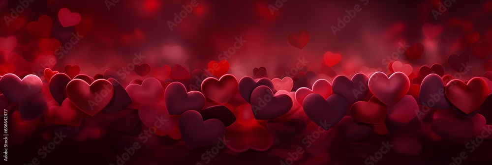 Romantic red background with hearts, Valentine's Day banner.