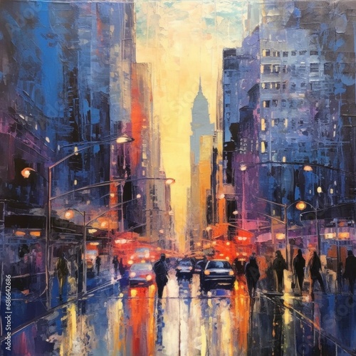 American city  downtown street view at sunset  abstract oil painting style poster