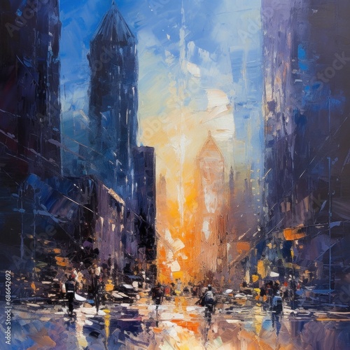 American city downtown street view at sunset, abstract oil painting style poster