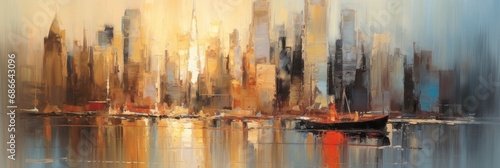 American city New York city skyline at sunset, abstract oil painting style poster