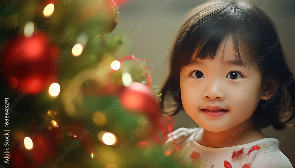 Chinese girl stands against the background of a Christmas tree, the concept of the New Year Chinese girl stands against the background of a Christmas tree, the concept of the New Year