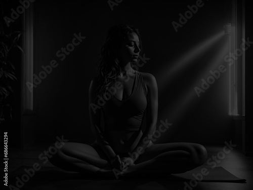 A woman in a yoga pose with a dark backdrop