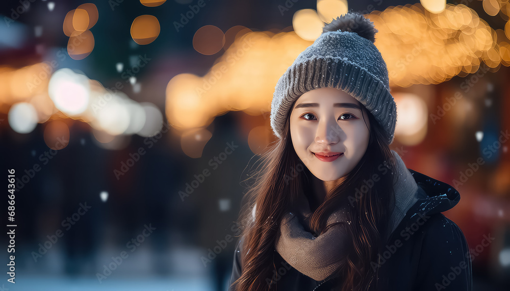 Young Chinese woman wearing a hat at the fair, New Year's concept Young Chinese woman wearing a hat at the fair, New Year's concept