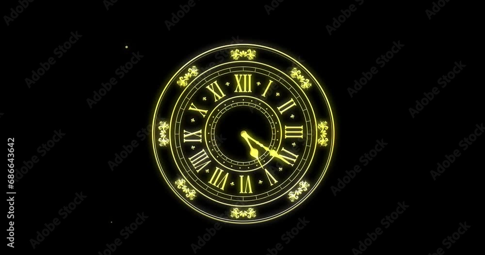 Animation of clock showing midnight and fireworks exploding on black background Animation of clock showing midnight and fireworks exploding on black background