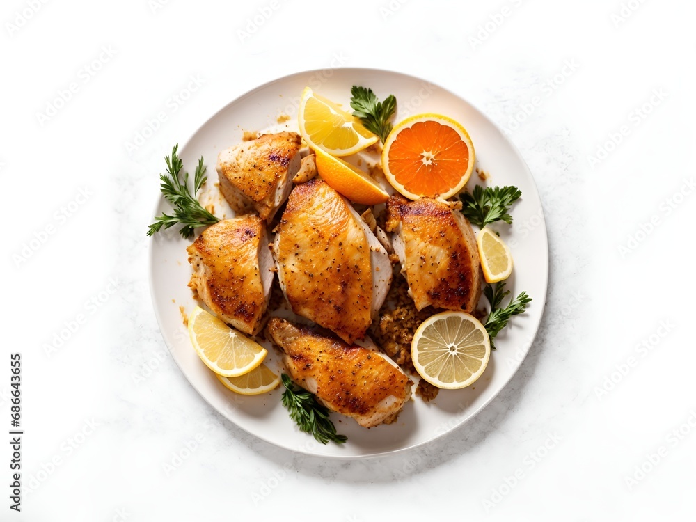 Chicken garnished with thin slices of lemon, suggesting a citrus-infused flavor Chicken garnished with thin slices of lemon, suggesting a citrus-infused flavor