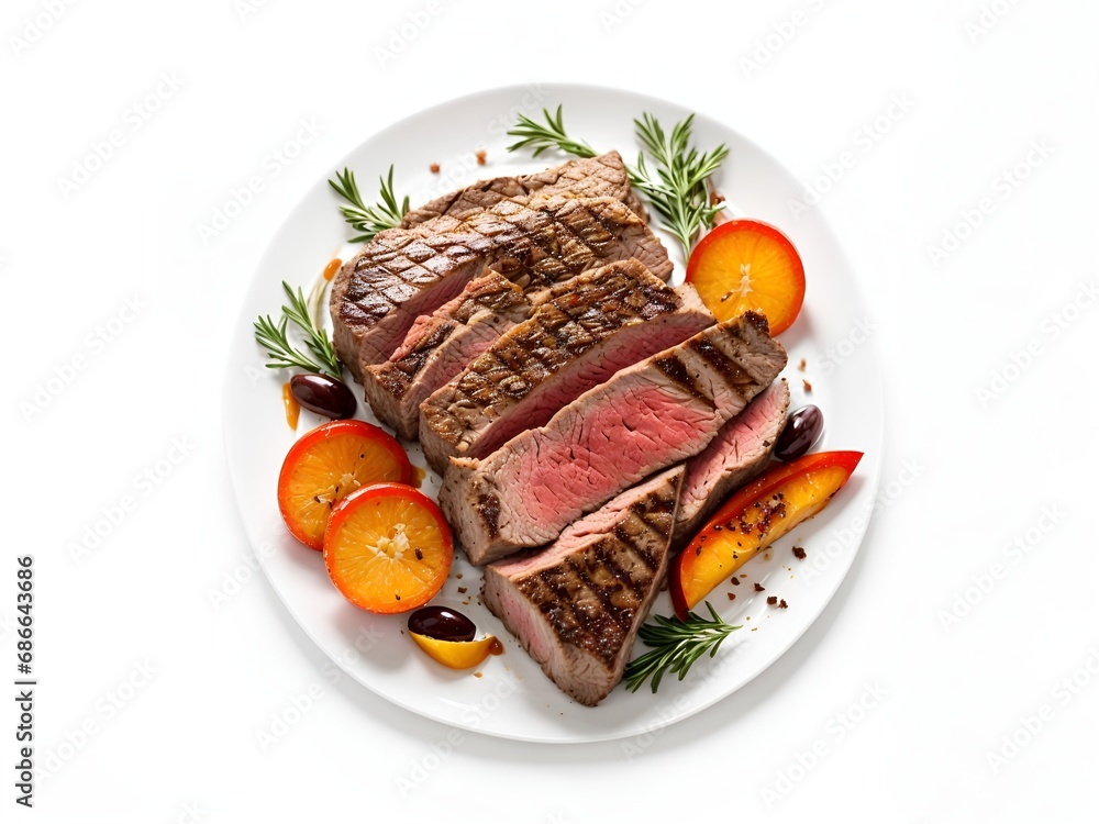 pieces of steak, top view on an empty white background pieces of steak, top view on an empty white background