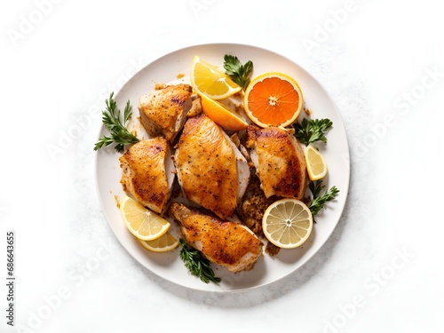 Chicken garnished with thin slices of lemon, suggesting a citrus-infused flavor