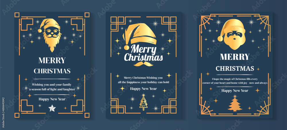 Set of three Christmas banners and New Year greeting cards. head Santa Claus, Christmas tree, Vector illustration concepts for graphic and web design, social media banner, marketing material.