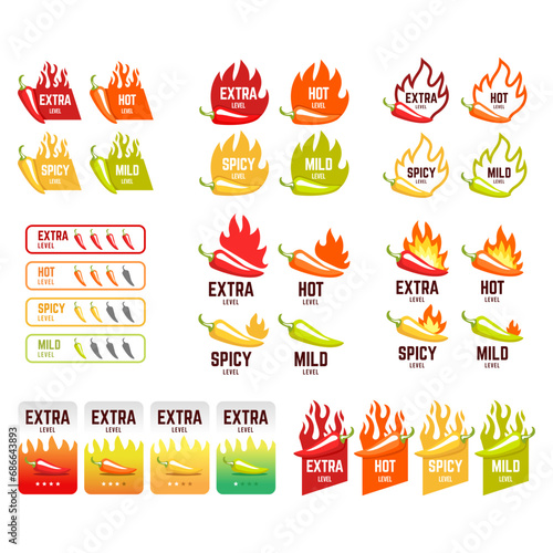 Set of spicy level labels. Chili, jalapeno, tabasco pepper flavor stickers with burning flames