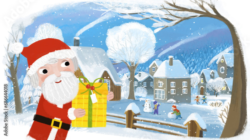cartoon christmas winter happy scene with town in snow illustration for children