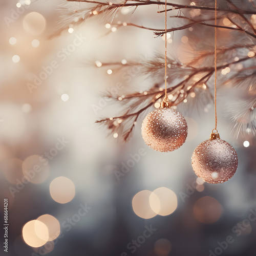 Ornaments In rose gold And Bokeh Lights. Abstract Defocused Background