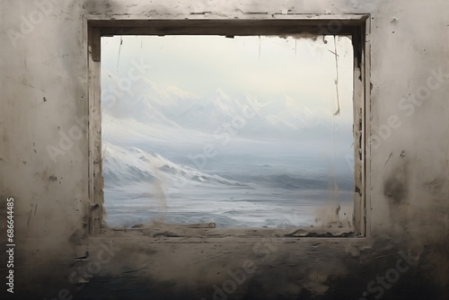 Empty abandoned room with a freezing cold snowstorm blizzard view outside of a snow covered tundra valley and mountains - harsh environment of loneliness with no living creature.