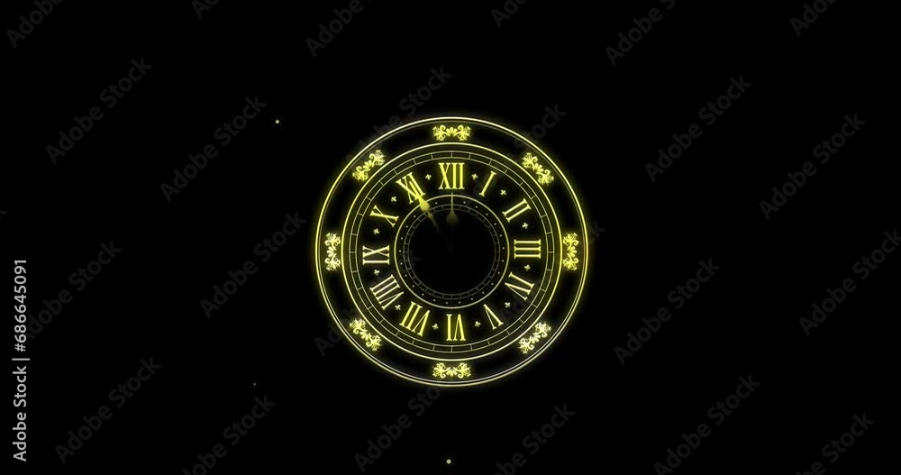 Animation of countdown, clock showing midnight and spots of light on black background Animation of countdown, clock showing midnight and spots of light on black background