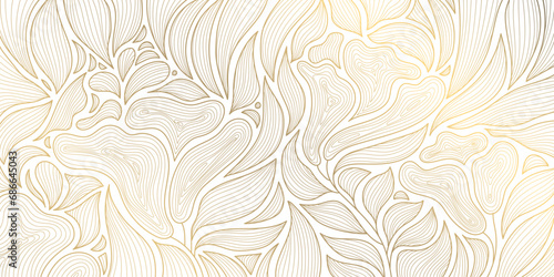 Fototapeta Naklejka Na Ścianę i Meble -  Vector abstract luxury background, gold line floral wallpaper, leaves texture. Golden botanical modern, art deco pattern, elegant foliage wavy ornament