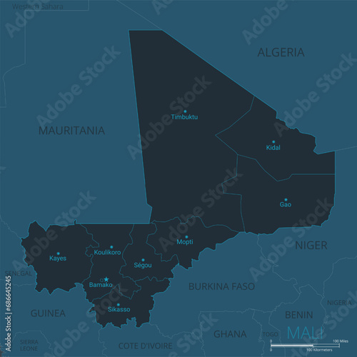Mali map. High detailed map of Mali with countries, borders, cities, water objects. Vector illustration EPS10