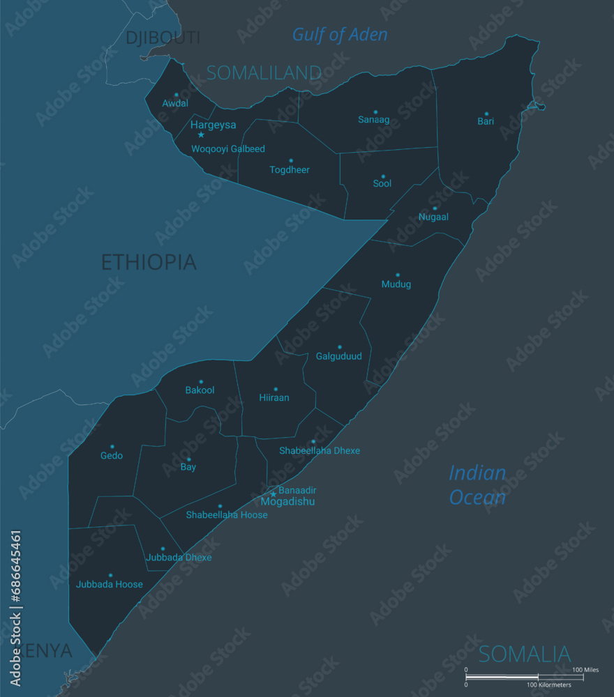 Somalia map. High detailed map of Somalia with countries, borders ...