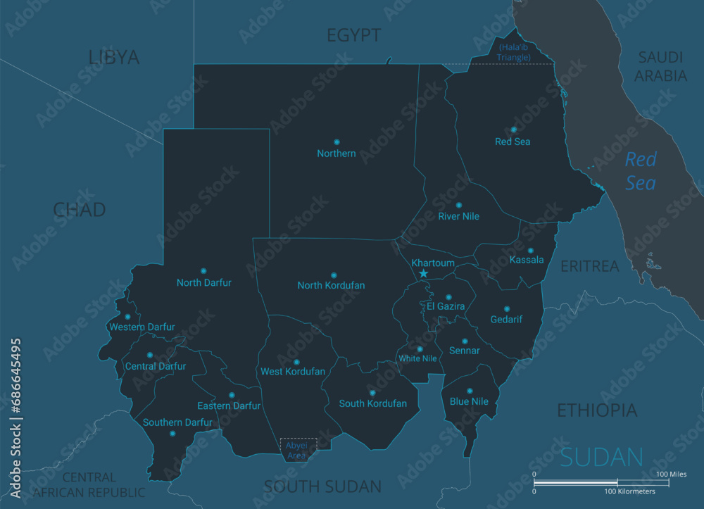 Sudan map. High detailed map of Sudan with countries, borders, cities ...