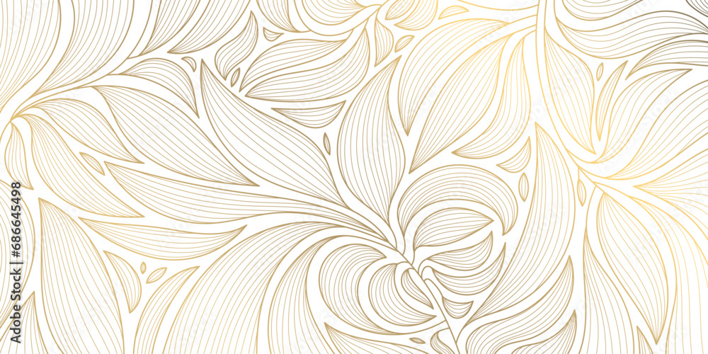 Vector abstract luxury background, gold line floral wallpaper, leaves texture. Golden botanical modern, art deco pattern, elegant foliage wavy ornament