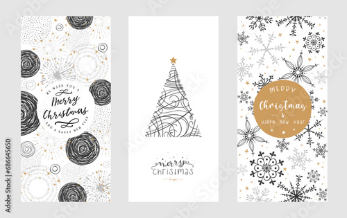 Elegant hand drawn Christmas cards templates. Ornatl decorative frames with copy space, fireworks, snowflakes and greetings. Vector background.